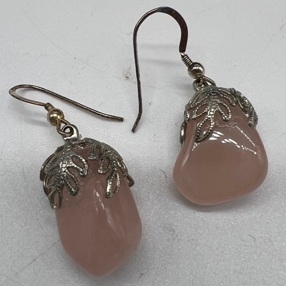 Vintage Rose Quartz with Silver Filagree Earrings for Pierced Ears - Picture 2 of 10